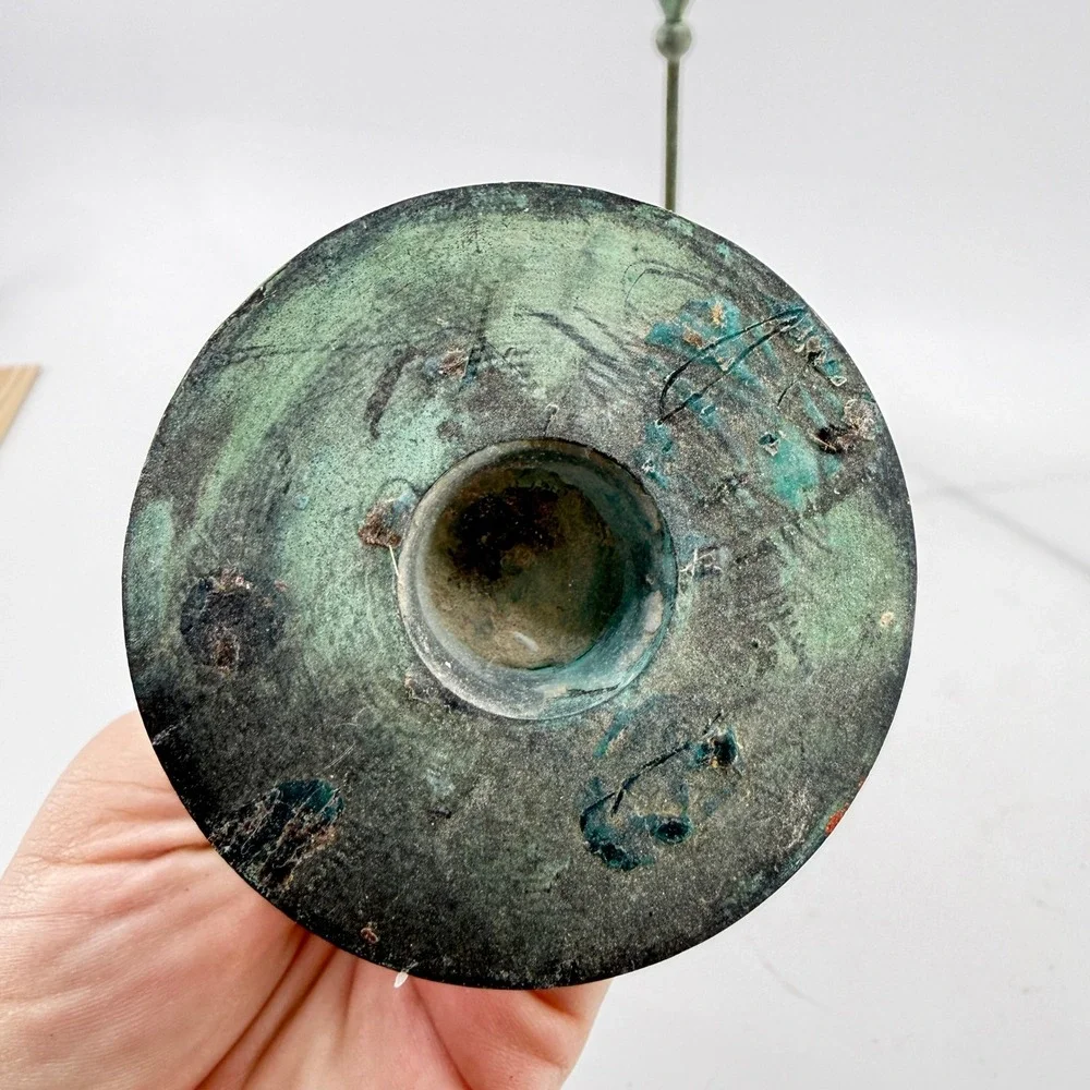 Vtg Verdigris Taper Christian Beaumont Post-Modern Decor Teal Metal Candlesticks